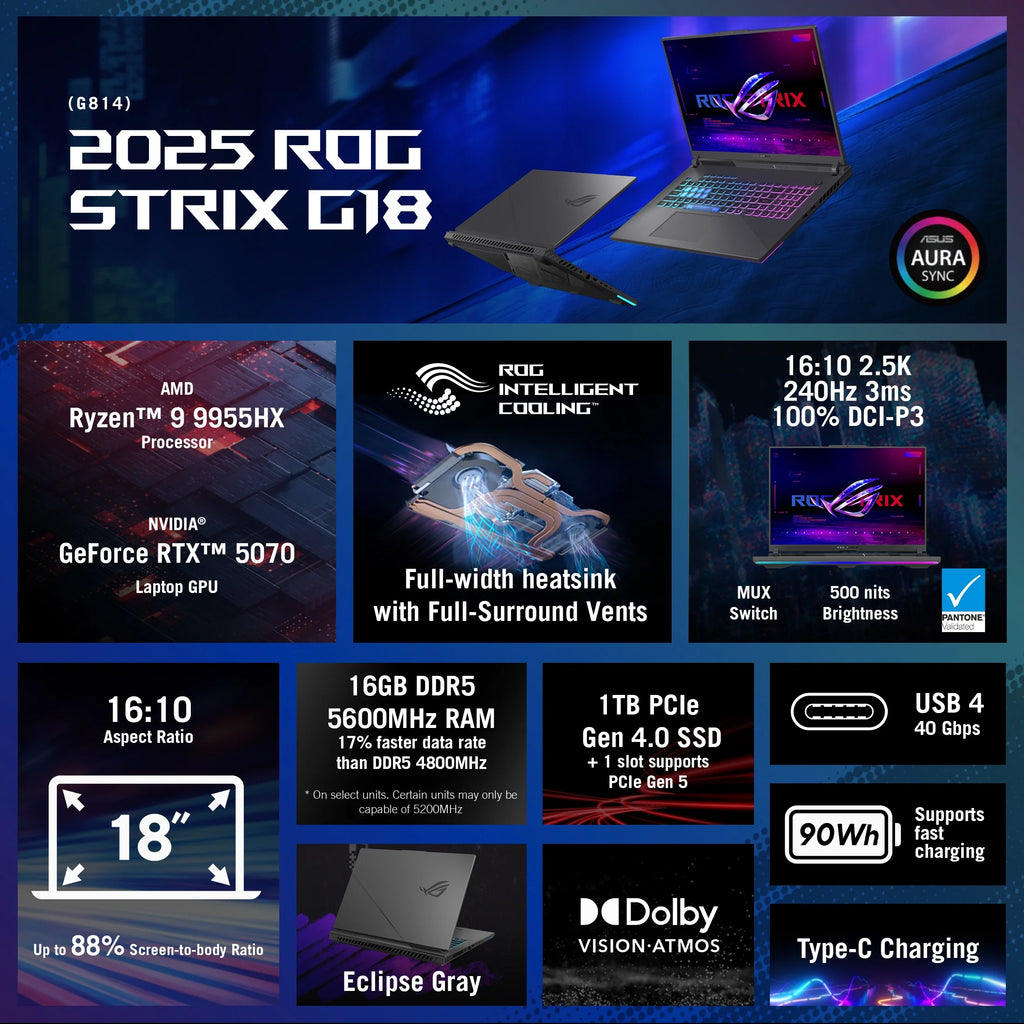ROG Strix G18 (2025) Gaming Laptop, 18” WQXDA 240Hz AMD Ryzen 9 9955HX, NVIDIA Geforce RTX 5070 8GB VRAM 32GB DDR5-5600 RAM 1TB Pcie Gen 4 SSD Eclipse Gray