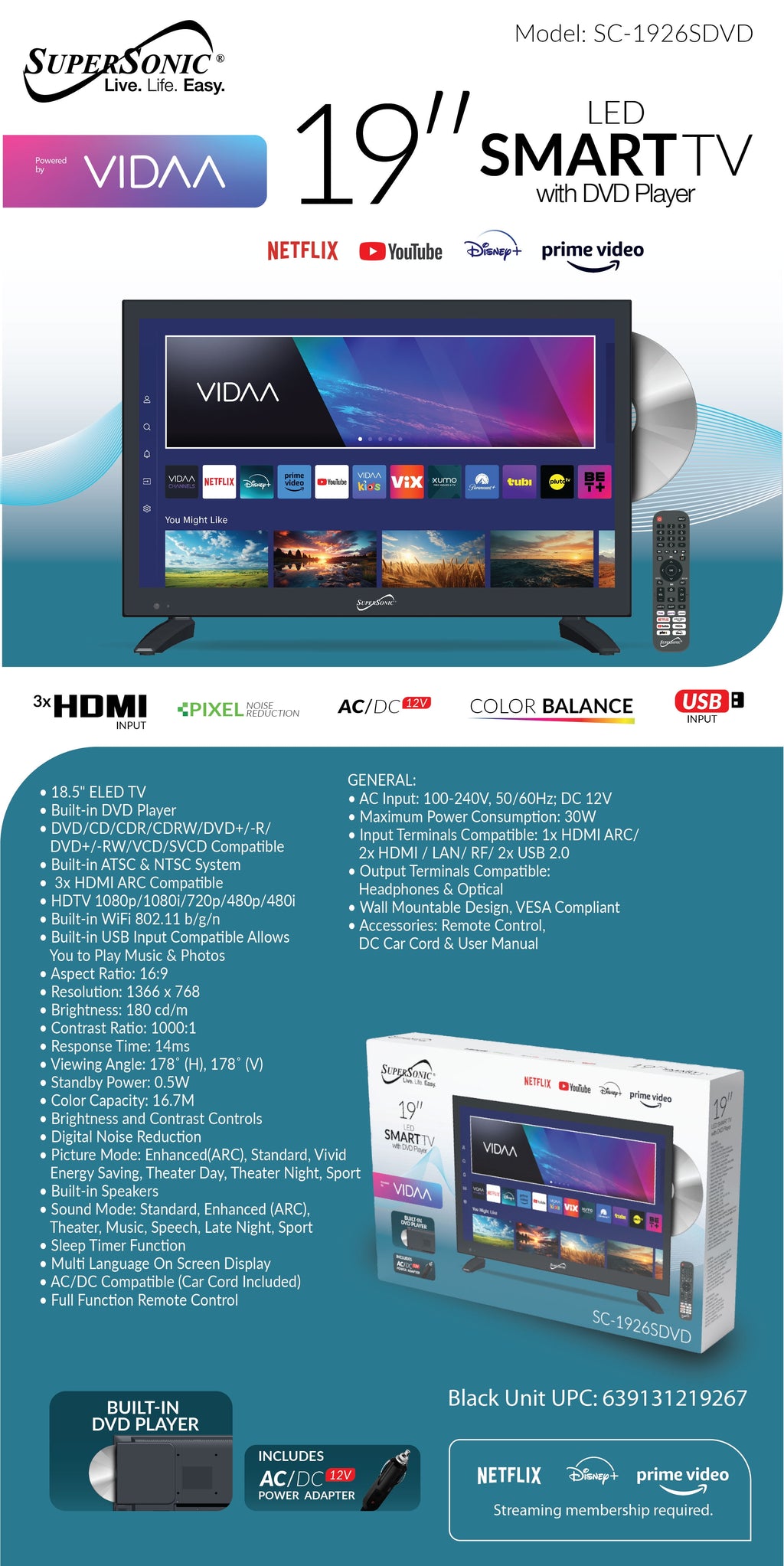 SC-1926SDVD 19 Inch AC/DC LED SMART TV Built-In DVD, Powered by VIDAA LED