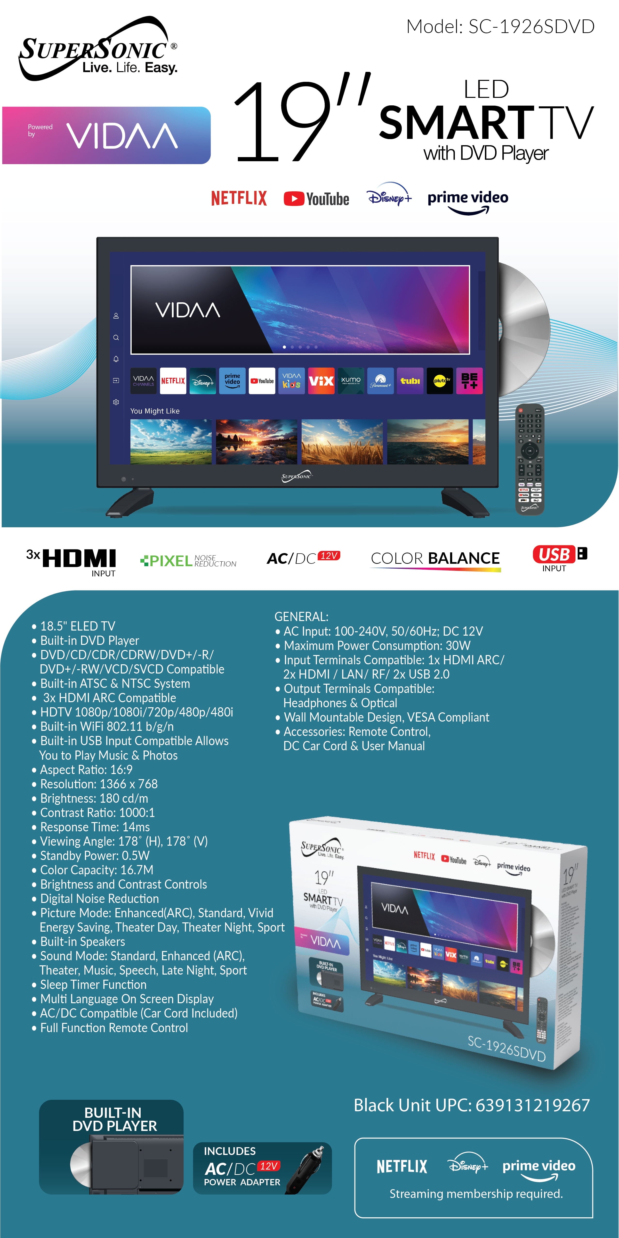 SC-1926SDVD 19 Inch AC/DC LED SMART TV Built-In DVD, Powered by VIDAA LED