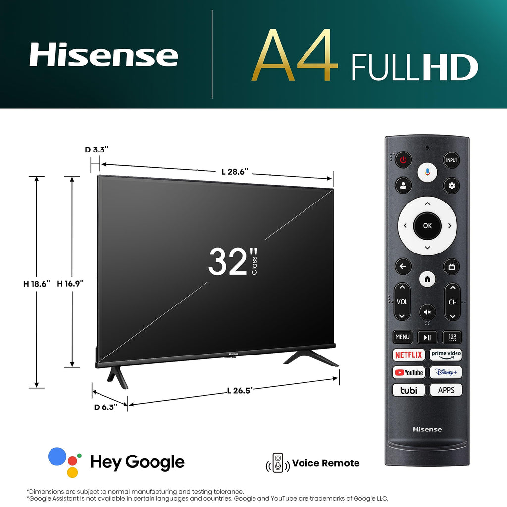 32" A4 Series FHD 1080P Google Smart TV (32A45K) - High Speed HDMI Cable Included & 3 Year Manufacturer'S Warranty