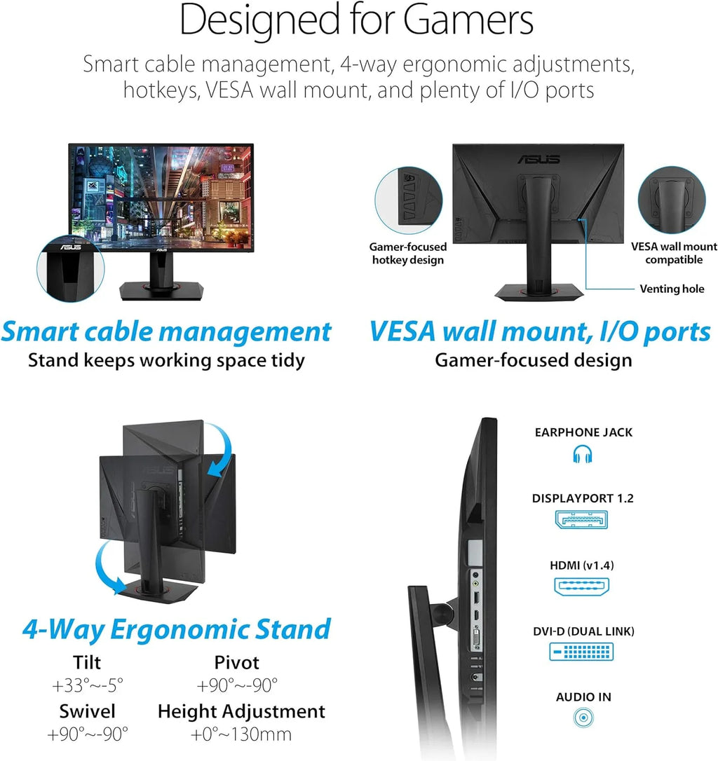 VG248QG 24" G-SYNC Gaming Monitor 165Hz 1080P 0.5Ms Eye Care with DP HDMI DVI, Black