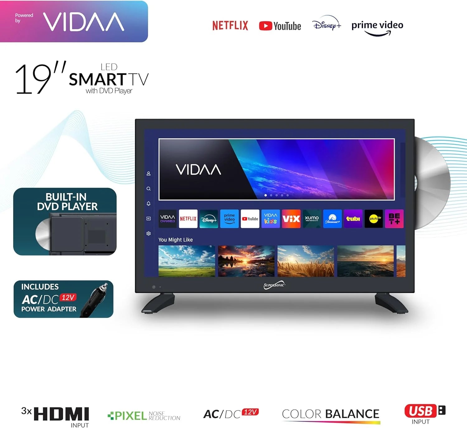 SC-1926SDVD 19 Inch AC/DC LED SMART TV Built-In DVD, Powered by VIDAA LED