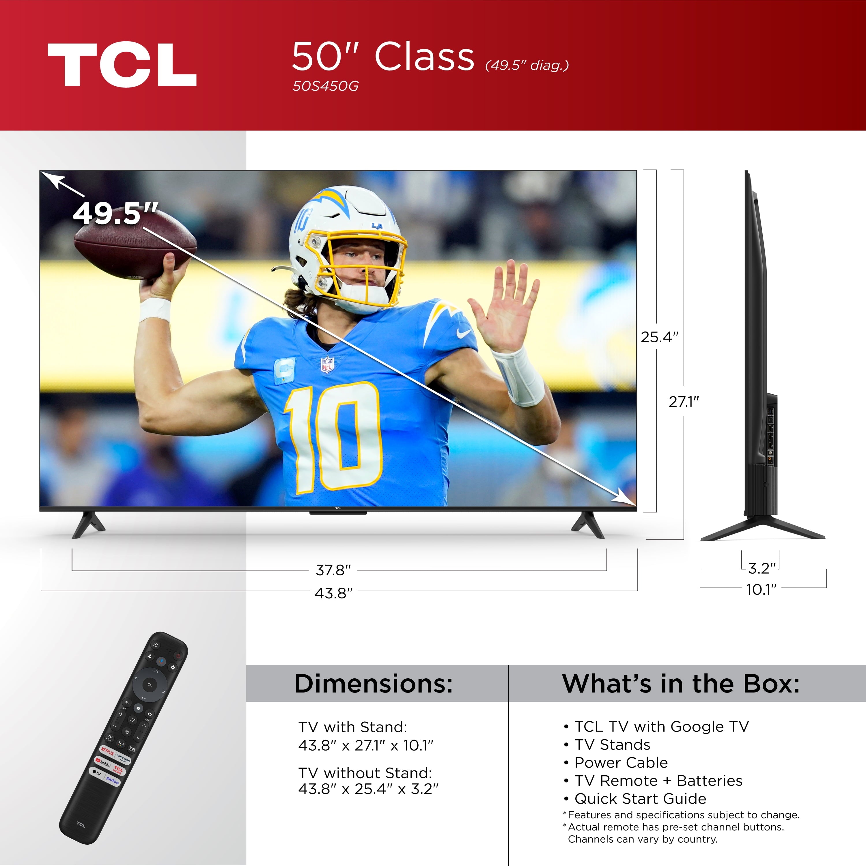 50” Class S Class 4K UHD HDR LED Smart TV with Google TV, 50S450G